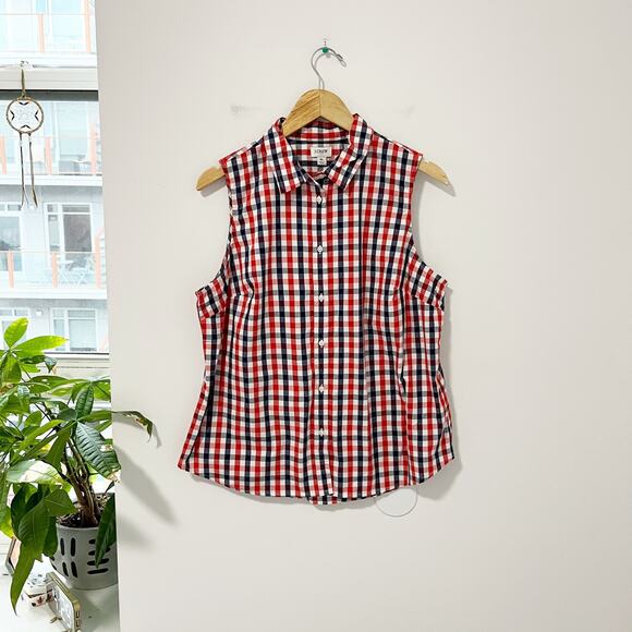 J. Crew Red White & Blue Plaid Button Up Tank Size XL - Picture 1 of 6